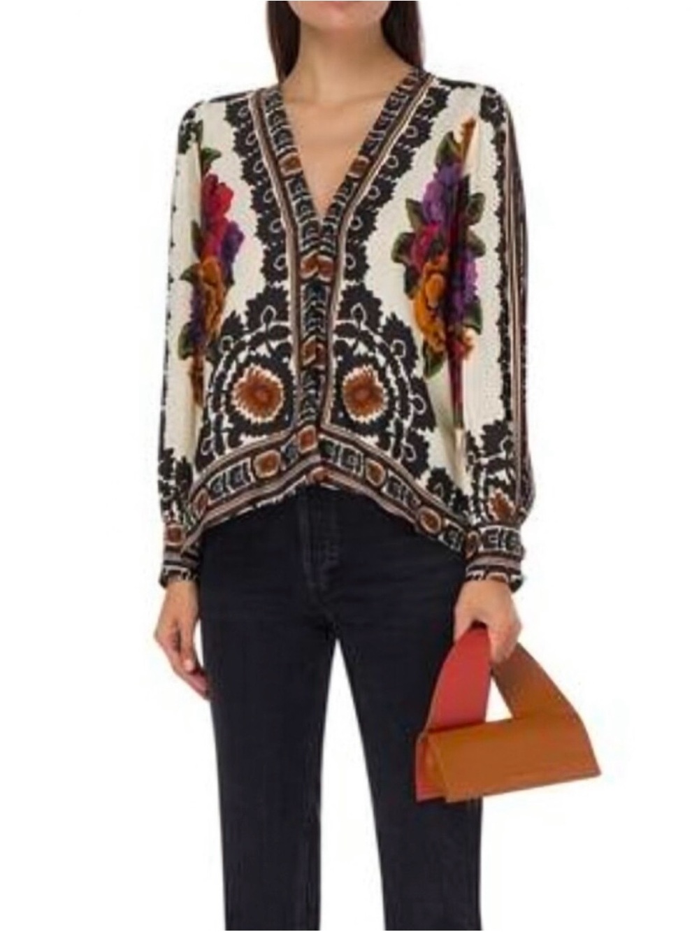 NWT Farm Rio Floral V-Neck Long-Sleeve Blouse in Cream and Black
